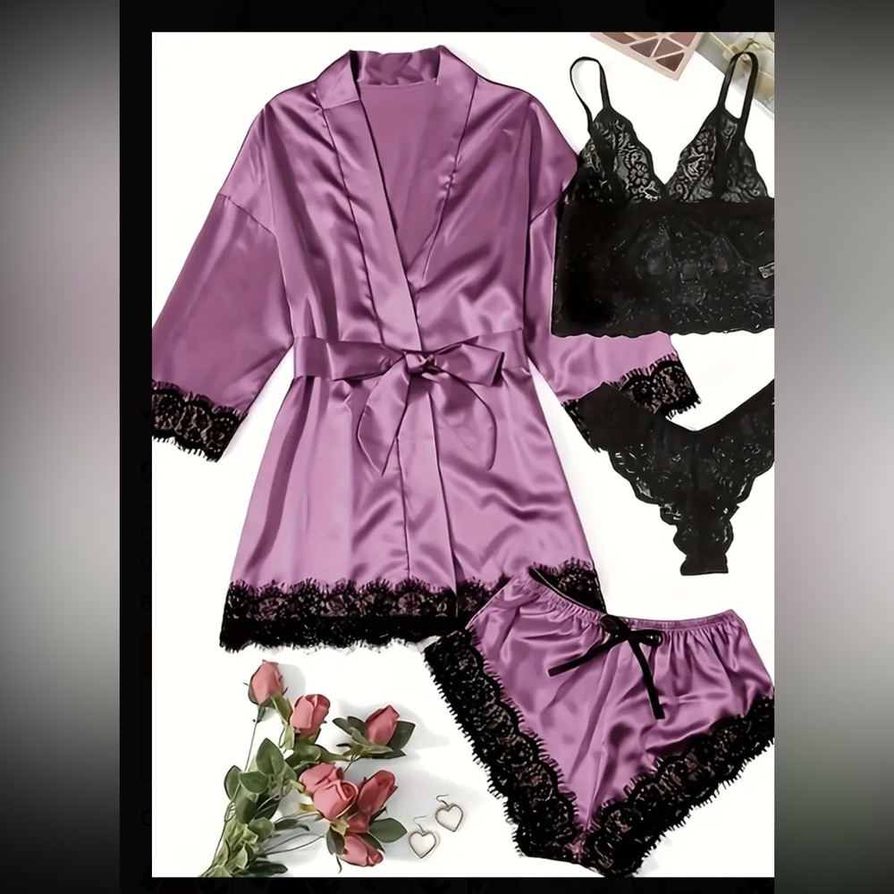 Silky Lavender Satin Robe & Lace Trim Lounge Set
